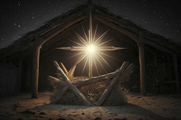 Fototapeta na wymiar The star shines over the manger of christmas of Jesus Christ. Generative AI