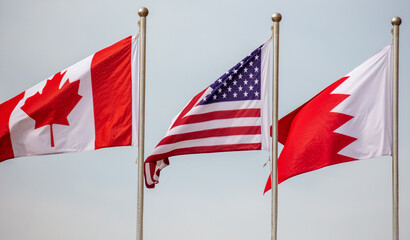 USA flag of Canada and Qatar on sky background.