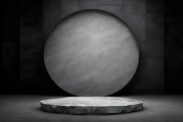 Stone circle display platform pedestal, round gray rock background, dark room, empty space for mockup, product showcase, template