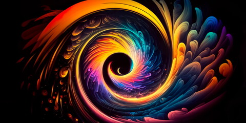 Panorama colorful swirl spiral, vivid vortex, over dark background. Design element for posters and banners.Generative AI