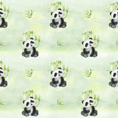 Obraz premium Cute sitting panda holding a bamboo leaf, bamboo leaves. Seamless pattern on a watercolor green background. Asian culture. For textiles, packaging, wallpaper, postcards.