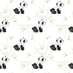 Naklejka premium Cute sitting panda, dragonflys, bamboo leaves. Watercolor seamless pattern on a white background. Children's tropical drawing of a cute panda. For textiles, packaging, wallpaper, postcards.