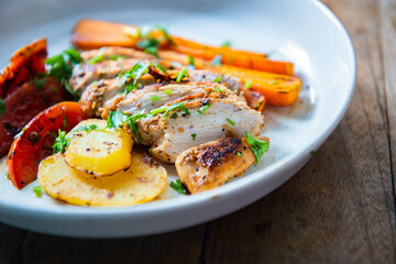 Grilled Chicken Breast with Black Pepper and Vegetables, Clean food style.