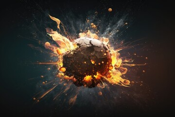 Explosion of a fiery bomb with sparks isolated on a dark background. fiery explosion. Generative AI - obrazy, fototapety, plakaty