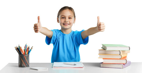 Girl student study with many books