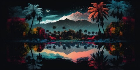 Landscape with palm trees and lake at night. Generative AI