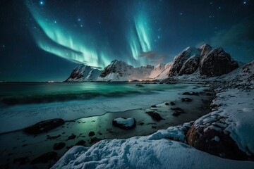 Obraz na płótnie Canvas On the night sky, Northern Lights. Aurora Borealis over the Lofoten Islands' Skagsanden beach. Norway's north. the starry sky of winter. Generative AI