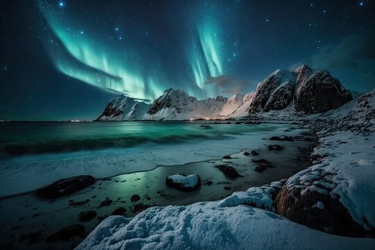 On the night sky, Northern Lights. Aurora Borealis over the Lofoten Islands' Skagsanden beach. Norway's north. the starry sky of winter. Generative AI © AkuAku