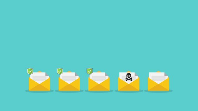 Email, envelope with black document and skull icon. Virus, malware, email fraud, e-mail spam, phishing scam, hacker attack concept.