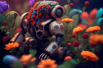 Illustration of a cute robot against a background of flowers. Generative AI