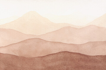 Watercolor, abstract, textured background in brown and beige shades with a panoramic view of the hills and mountains. Drawn by hand. For decoration and design with place for text. - obrazy, fototapety, plakaty