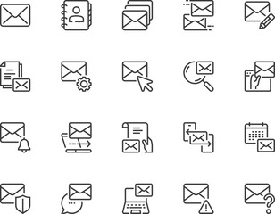 Sending mail messages. Email, newsletter, spam, address book, postal envelope. Vector Line Icons Set. Editable Stroke. Pixel Perfect.