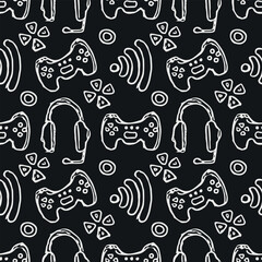 Seamless gaming pattern. Background with gamepad,monitor, keyboard, computer mouse, headphones