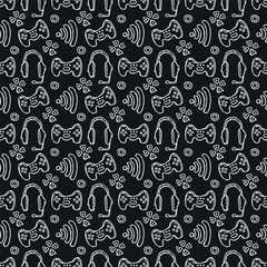 Seamless gaming pattern. Background with gamepad,monitor, keyboard, computer mouse, headphones