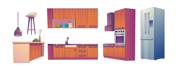 Kitchen room interior with tables, fridge, stove and cupboards. Furniture and appliances for cooking, wooden counters, sink, oven, stool and refrigerator, vector illustration in contemporary style