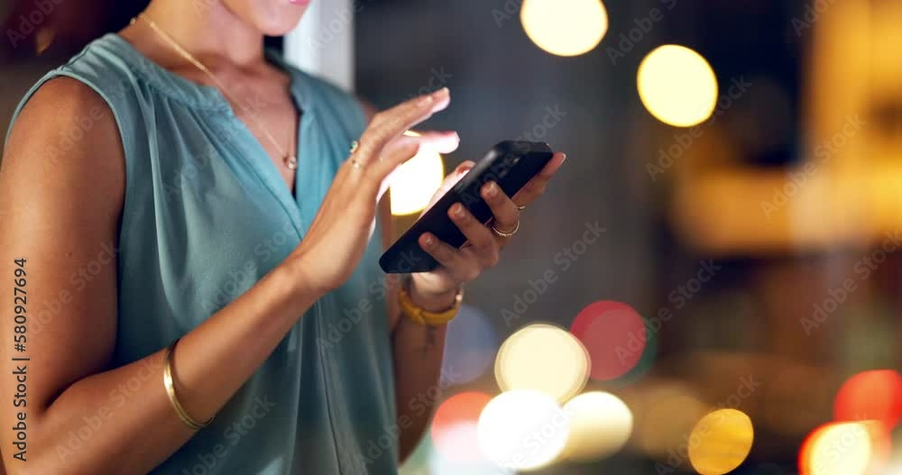 Aufkleber night, phone and woman hands typing message, chat or online networking on mobile app connection and 
