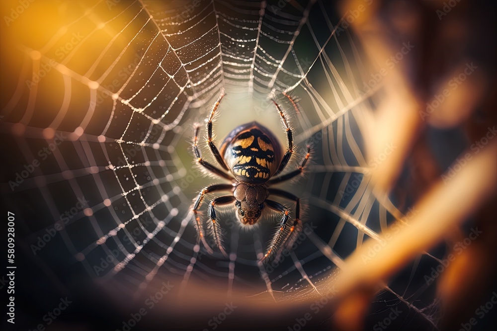 Poster hazy backdrop depicting a cross spider waiting in its web generative ai