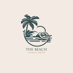 Beach logo template. Palm tree and waves. Vector illustration.