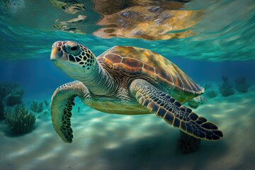 Fototapeta premium Swimmable green sea turtle in the Caribbean. Generative AI