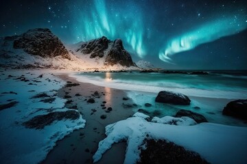 Fototapeta na wymiar On the night sky, Northern Lights. Aurora Borealis over the Lofoten Islands' Skagsanden beach. Norway's north. the starry sky of winter. Generative AI