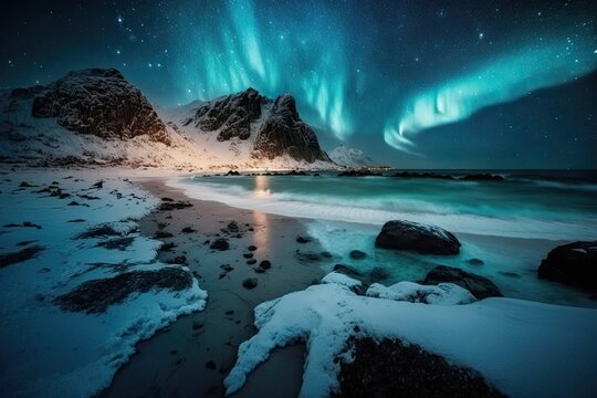 On the night sky, Northern Lights. Aurora Borealis over the Lofoten Islands' Skagsanden beach. Norway's north. the starry sky of winter. Generative AI © AkuAku