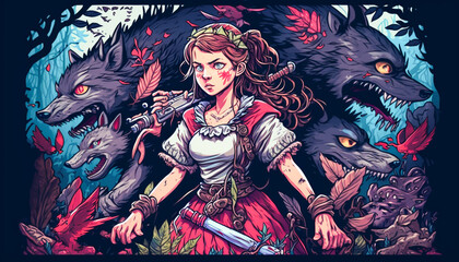 A cartoon illustration of a girl with wolf Digital illustration