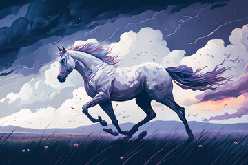 A horse running in the wind with a cloudy sky
