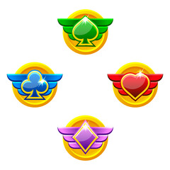 Set of colored award badges for casino and 2D game. Heart, spade, club and diamond