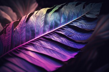Tropical leaf with streaks in two stunning, vibrant natural textures, close up macro. Dark to light color transition in purple, pink, and blue violet tones. Generative AI