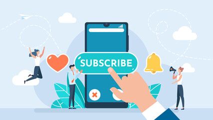 People click on the Subscribe button. Buttons for app. Blogging, promotion. Social media concept. Web buttons like, subscribe, and bell notification. Subscribe to the channel. Flat illustration.