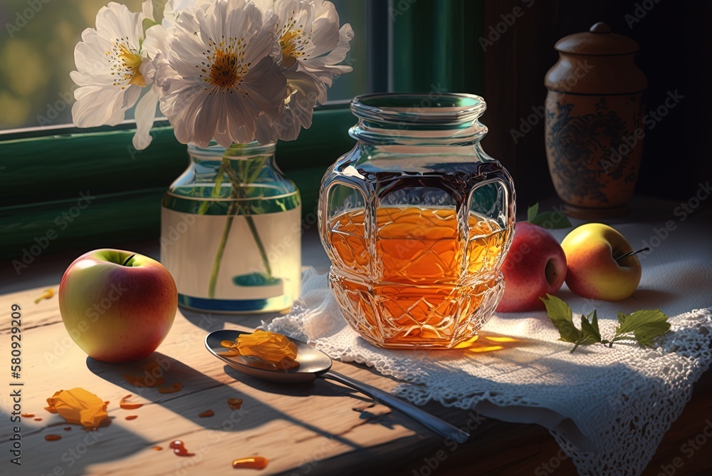 Poster on a bright day, there is a crystal vase with apple jam on the table. generative ai