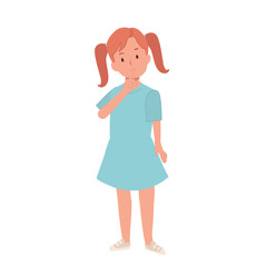 Little girl silence gesture, cute child. cute little girl show close mouth with finger pose. Flat cartoon vector illustration