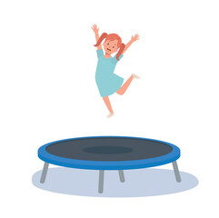 happy cute kid smile jump on trampoline. Flat vector cartoon illustration