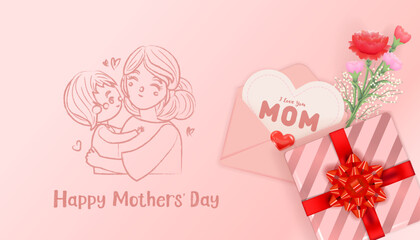 Pink vector Mother's Day greeting card, hand drawn illustration of mother and child with gift, card, bouquet