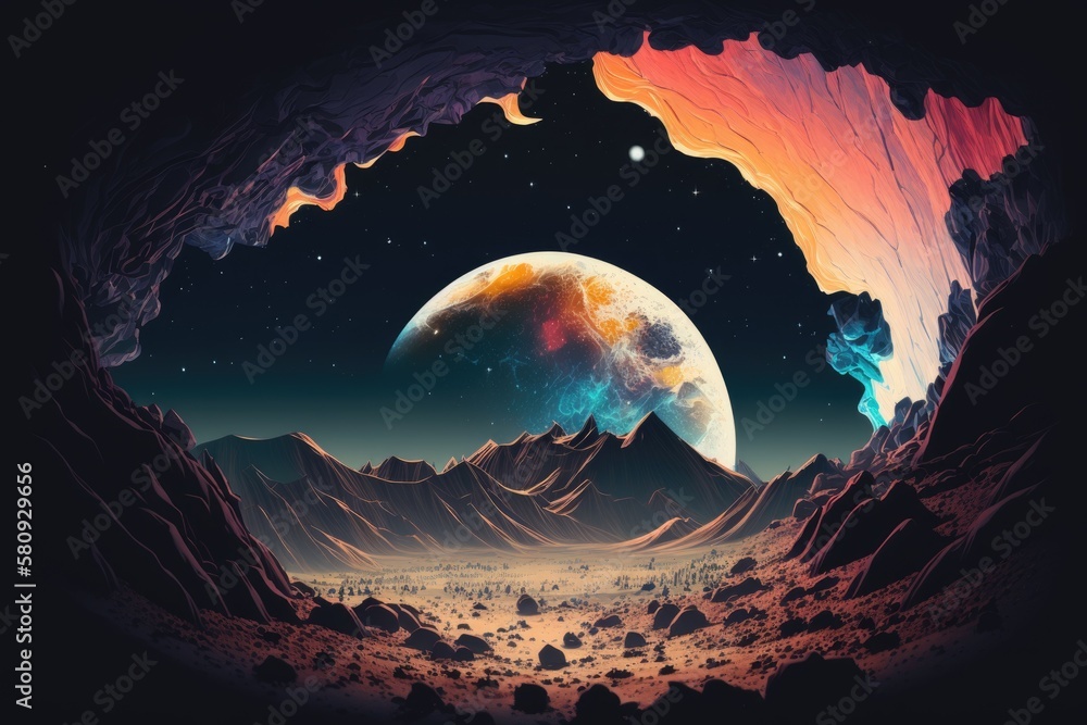 Poster view of the cosmos as seen from the surface of the moon. illustration of a faraway location in abstr