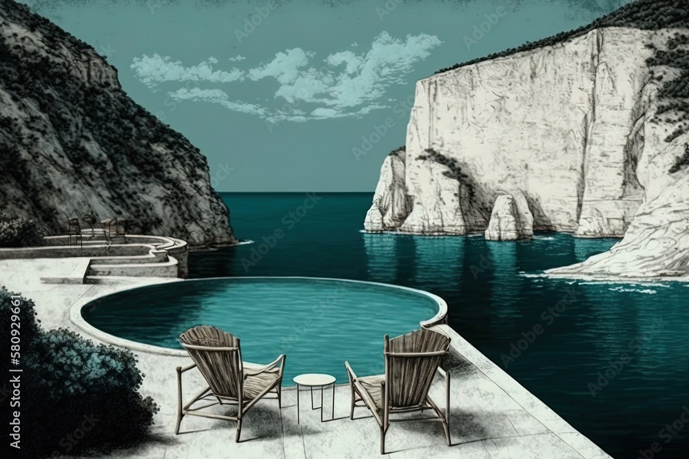 Poster there was a cliff and a sea, and there was a pool with some seats in it. generative ai