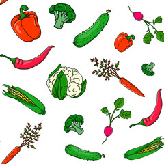 Seamless pattern with vegetables. Vector bright background with carrot, radish, pepper, squash, cabbage, broccoli, cucumber, corn, chili pepper