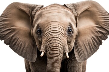 Elephant in closeup, trunk up, mouth open. alone on white. Generative AI