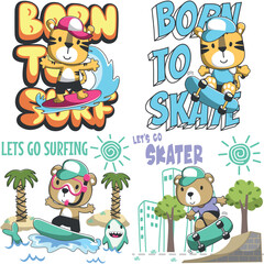 Fototapeta premium Set of cartoon kid animal activity. Tiger and bear surfer and skateboarder. Cartoon Isolated objects on white background. Concept for children print.