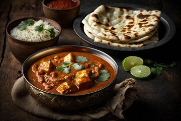 Popular North Indian lunch or dinner fare, Paneer Butter Masala or Cheese Cottage Curry, is served with Indian paratha, roti, or naan on a dark hardwood backdrop. Generative AI