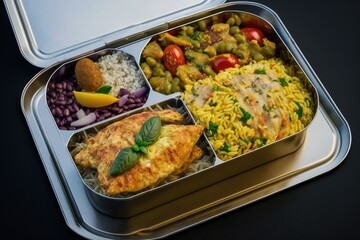 food shipping. Different aluminum lunchbox containing quinoa, paella, spelt, chicken salad, curry, and pesto pasta. airline fare airplane snacks and meals takeaway. Generative AI