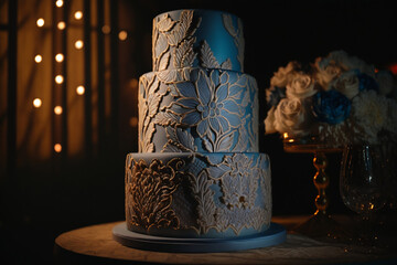 Stunning blue cake with white and gold forsting. Wedding cake ideas on a dim dark background.