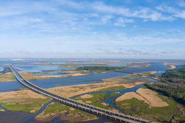 Aerial view of interstate 10 bridge on Mobile Bay in March 2023