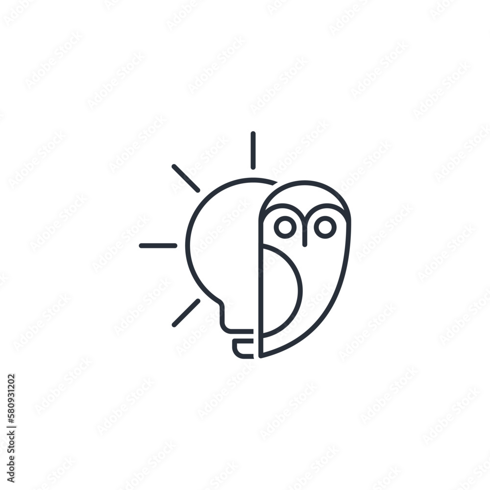 Poster owl and light bulb. wise idea. vector linear icon isolated on white background.