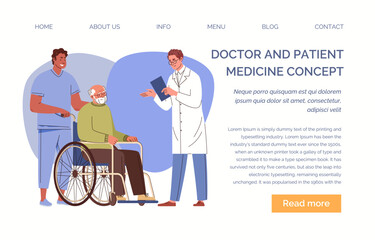 Male nurse, paramedic helping old man in wheelchair at doctor's appointment Concept of specialized medical care for elderly, disabled. Nursing home, hospital Template, landing page Vector illustration
