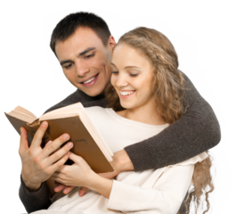 Happy cheerful young couple hugs and write Bible