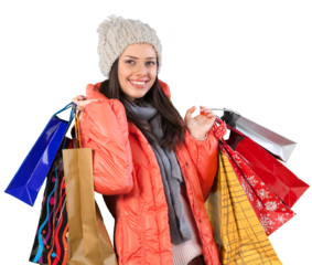 Young Woman In Jacket Holding Presents - Isolated