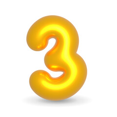 Number Three. 3 Golden Balloon 3d rendered. Realistic design element for events. Happy Birthday, Anniversary Party and events. 3d Render illustration isolated on white background with alpha channel.