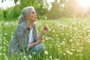 old woman in a field with dandelions in summer