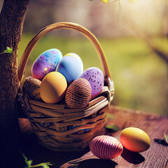 Easter Eggs In Basket On Aged Wooden Table In Spring Garden With Sunlight